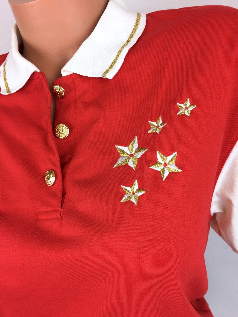 VTG 80s nautical marine stars xmas polo shirt top tee red white by BLAST Size M