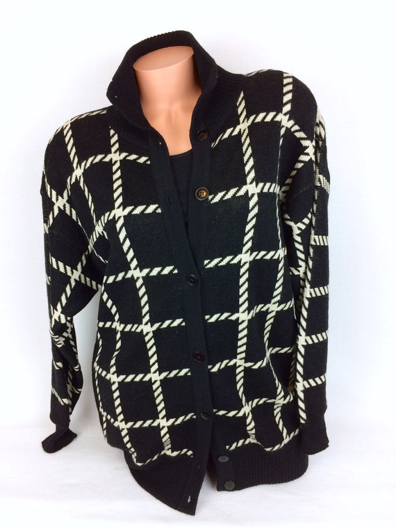 VTG wool cardigan button up black white Ann Klein