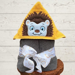 Handmade Hedgehog Hooded Bath Towel, Large Gold & Dark Grey Kids Beach Wrap, Full Size