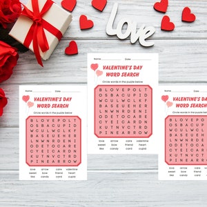 Valentine&#39;s Day Word Search Printable Game with Answer Key, Valentine Word Search, Fun Valentine Game, Instant Download, valentine kid game
