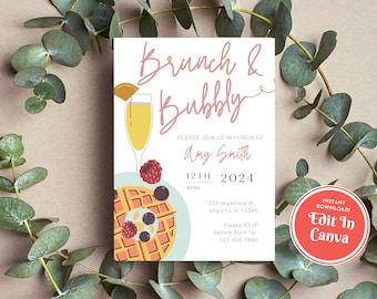 Bridal shower brunch invitation, Brunch and bubbly bridal shower invitation, bridal shower invite template, , editable bridal shower invite