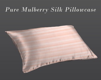Blush Pink Striped mulberry silk pillowcase, striped pink and peach pure silk pillowcase, best silk pillowcases