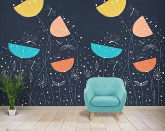 Scandinavian wall mural, dark floral mural,dragonfly wallpaper,blue mural,Peel and stick mural,self adhesive mural,dark blue wallpaper