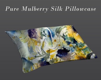 Watercolor sunflowers mulberry silk pillowcase, yellow and blue pure silk pillowcase, floral art silk pillowcase, best silk pilowcases