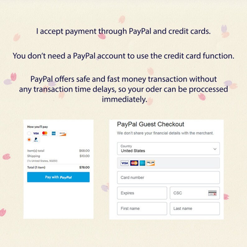 May include: A screenshot of a website showing a PayPal checkout page. The page includes a section for entering payment information, including card number, expiration date, and security code. The page also includes a section for entering shipping information, including country, state, and zip code. The page includes a button to pay with PayPal.