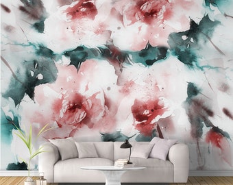 Aquarel rose muurschildering, Peel en stick muurschildering, zelfklevende muurschildering, bloemenbehang, aquarelbehang, rozenbehang