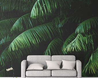 Palm leaves wall mural,tropical wall mural,botanical mural,peel and stick wall mural,removable wall mural,green wallpaper