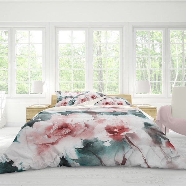 Watercolor duvet cover,floral duvet cover, watercolor rose duvet,Bedding,Bedroom decor,Queen duvet cover,King duvet,roses duvet,pink duvet