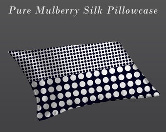 Navy blue and white polka dots mulberry silk pillowcase, dotted pure silk pillowcase, best silk pillowcases