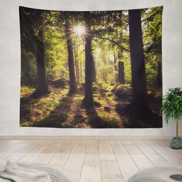 bostapijt, zonnig bostapijt, fototapijt, groot wandtapijt, natuurtapijt, natuur muur opknoping, zomerbos