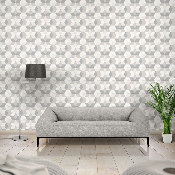 Hexagon wallpaper,Peel and stick wallpaper,geometric wallpaper,modern wallpaper,removable wallpaper,grey wallpaper,cubes pattern wallpaper