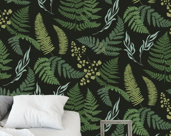 Fern wallpaper,Fern leaf wallpaper,dark botanical wallpaper,peel and stick wallpaper,self adhesive wallpaper,green wallpaper