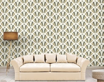 Art deco wallpaper, Peel and stick wallpaper,geometric wallpaper,removable wallpaper,beige wallpaper,fan wallpaper,green wallpaper