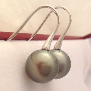 NEAR PERFECT, Stunning, Genuine, Tahitian Pearl Earrings, South Sea Pearls, 11.8mm, AAA, 925 Sterling Silver, Designer Shepherd Hooks