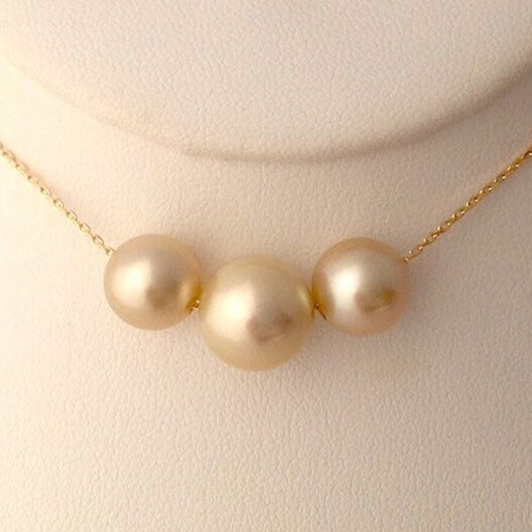 Stunning, Genuine, Tahitian Pearl Necklace, 3 Gold Pearls, South Sea Pearls, 10mm - 11mm, AAA, floating pearls, 9k Solid Yellow Gold, Chain