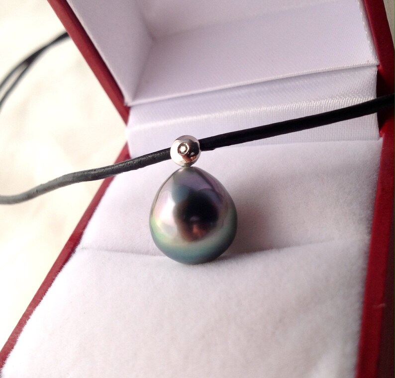 Tahitian Pearl Leather Cord AAA Cubic Zirconia South Sea Pearl 925 Sterling Silver 11mm x 12.5mm Tahitian Pearl Necklace Pendant