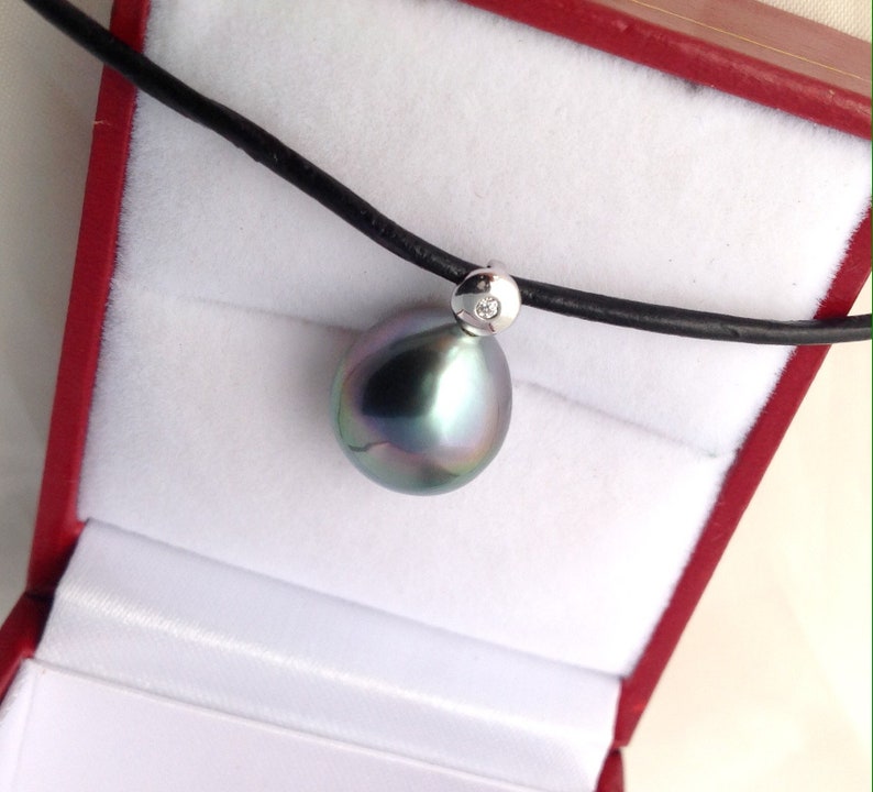 Tahitian Pearl Leather Cord AAA Cubic Zirconia South Sea Pearl 925 Sterling Silver 11mm x 12.5mm Tahitian Pearl Necklace Pendant