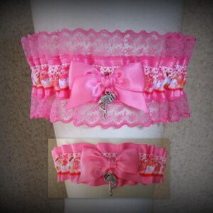Flamingo Wedding Garter Set: Hot Pink Lace, Charm, Tropical Bridal Shower Gift
