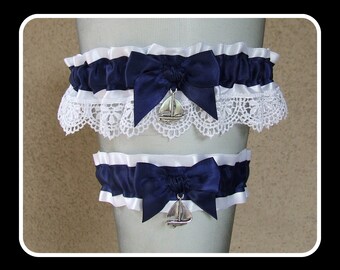 Blue and white garters set Sea garter Bridal organza garter Nautical garter Ocean garter Wedding garter set Boat garter Prom garter
