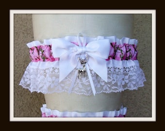 Pink Camo Wedding Garter: Camouflage, Lace, Deer Charm, Hunter