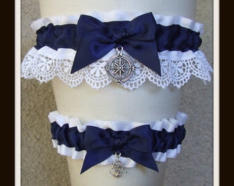 Custom Nautical Garter or Set with white or ivory Venise lace and your choice of charms and bow colors / beach Wedding or Bridal Shower Gift