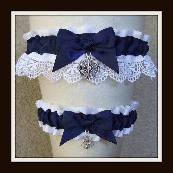 Custom Nautical Garter or Set with white or ivory Venise lace and your choice of charms and bow colors / beach Wedding or Bridal Shower Gift