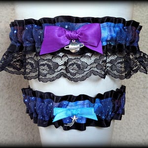 Galaxy Wedding Garter Set: Custom Bow Color, Charms, Sci-Fi Space Bridal Shower Gift