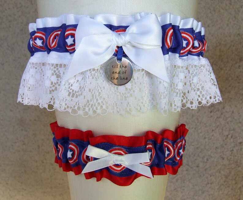 Captain America Garter Set with Till the End of the Line charm in red white and blue for your Superhero or Comic Book Geek Wedding