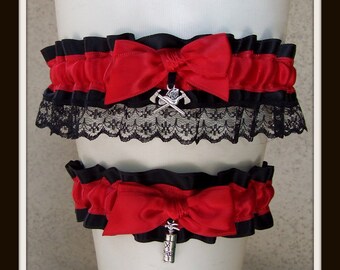 Firefighter Wedding Garter or Set in Red & Black customized with your choice of charms