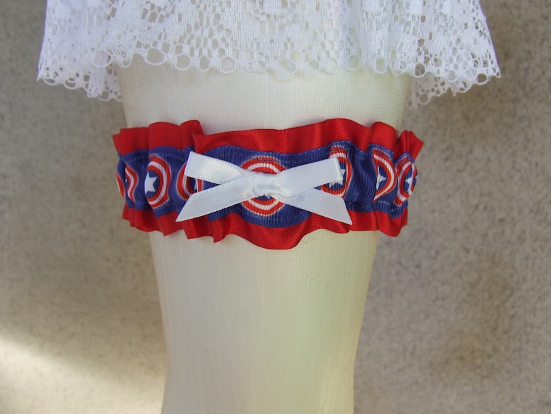 Captain America Garter Set with Till the End of the Line charm in red white and blue for your Superhero or Comic Book Geek Wedding