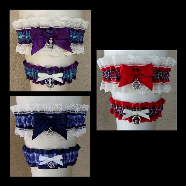 Tartan Plaid Garter or Set with your choice of colors and Scottish Irish Welsh or English charms for Wedding or Bridal Shower Gift