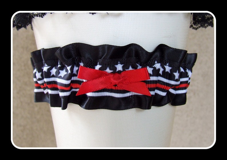 Firefighter Garter or Set in Red /& Black with your choice of charms for Wedding or Bridal Shower Gift