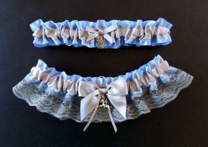 Fairytale Princess Garter Set in cornflower blue and silver with knight and crown charms customizable for your fairy tale wedding or prom