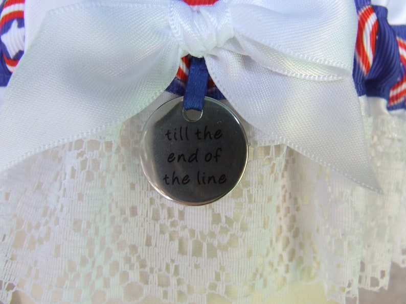 Captain America Garter Set with Till the End of the Line charm in red white and blue for your Superhero or Comic Book Geek Wedding