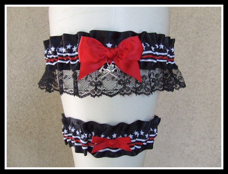 Firefighter Garter or Set in Red /& Black with your choice of charms for Wedding or Bridal Shower Gift