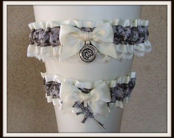 White Lace & Camouflage Satin bridal prom camo garter with heart charm Customizable handmade 
