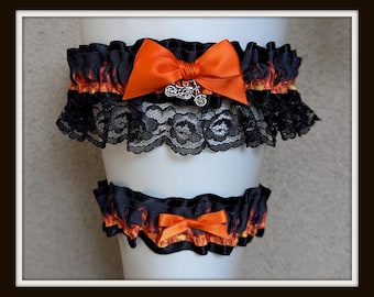 harley davidson garter belt Harley Davidson Inspired Biker Wedding Garter Belt or 2pc Set W/ Black Lace  & Studs