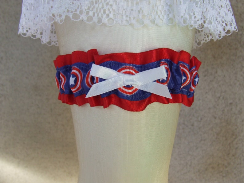 Captain America Garter Set with Till the End of the Line charm in red white and blue for your Superhero or Comic Book Geek Wedding