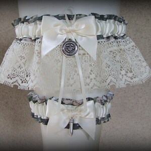 Custom Military Camo Wedding Garter Set: Service Branch, Lace Color, Charm
