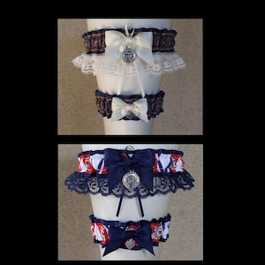 Custom Military Wedding Garter Set: Branch of Service Ribbon, Lace & Charm