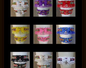 Tie Dye Wedding Garter Set: Custom Charm, Rainbow Hippie Bridal Shower Gift
