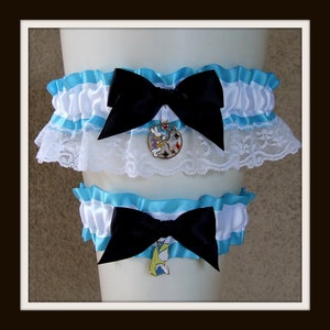 Alice in Wonderland Garter or Set / custom colors and charms Something Blue for your Fairytale Tea Party Wedding or Bridal Shower Gift