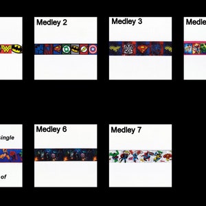 May include: Seven strips of fabric featuring various superhero emblems and character graphics, labeled Medley 1 through Medley 7. Medley 5 includes text stating enough for a single garter only and a maximum leg measurement of 22 inches.