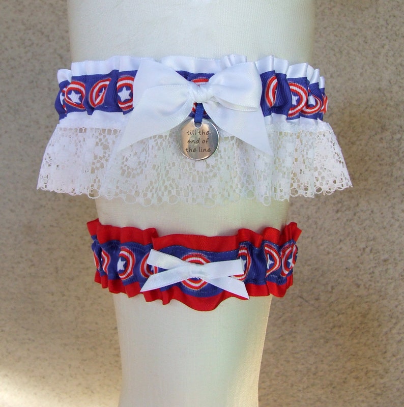 Captain America Garter Set with Till the End of the Line charm in red white and blue for your Superhero or Comic Book Geek Wedding