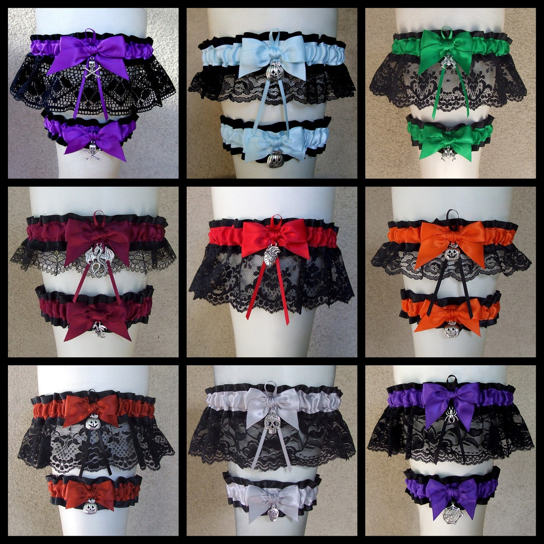 Gothic Halloween Garter Set in Custom Colors With Your Choice of Charms