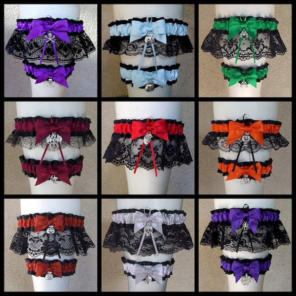 Gothic Halloween Garter Set in custom colors with your choice of charms - Wedding or Bridal Shower Gift