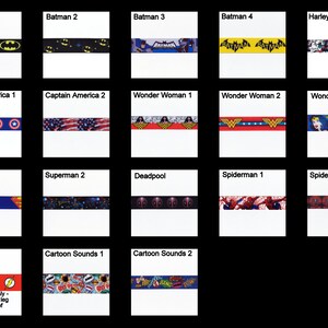 May include: A collection of seventeen fabric ribbons featuring various superhero and comic book character themes including Batman, Captain America, Wonder Woman, Superman, Deadpool, Spiderman, The Flash, and cartoon sound effects with a 15-inch limit.