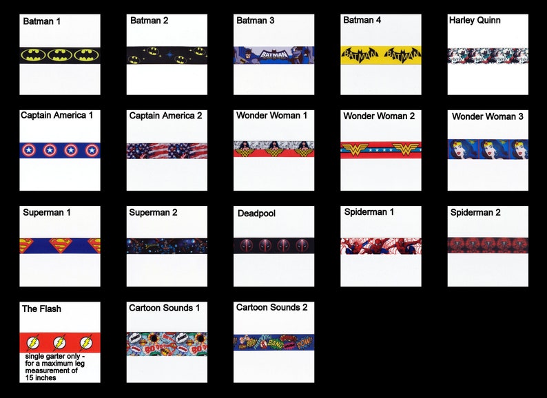 May include: A collection of seventeen fabric ribbons featuring various superhero and comic book character themes including Batman, Captain America, Wonder Woman, Superman, Deadpool, Spiderman, The Flash, and cartoon sound effects with a 15-inch limit.