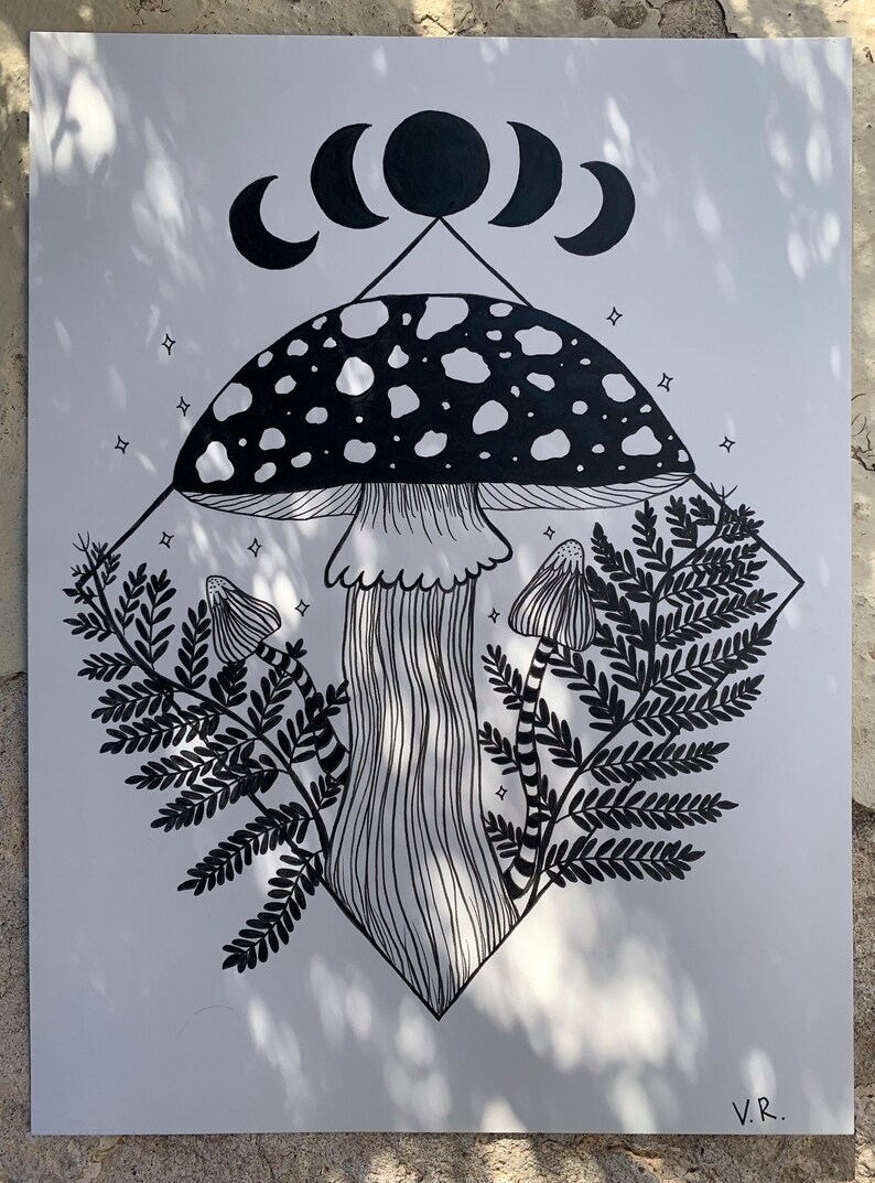 Enchanted Mushroom, Whimsical Art, Magical, Moon Art, Mushrooms, Ink on