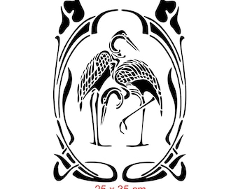 May include: A black stencil design featuring two cranes standing within an oval frame with decorative leaf-like accents at the top and bottom corners. The text 25 x 35 cm is printed in red at the bottom of the graphic, indicating the dimensions.